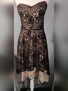 Strapless Black Lace Overlay Dress with Nude Underlay